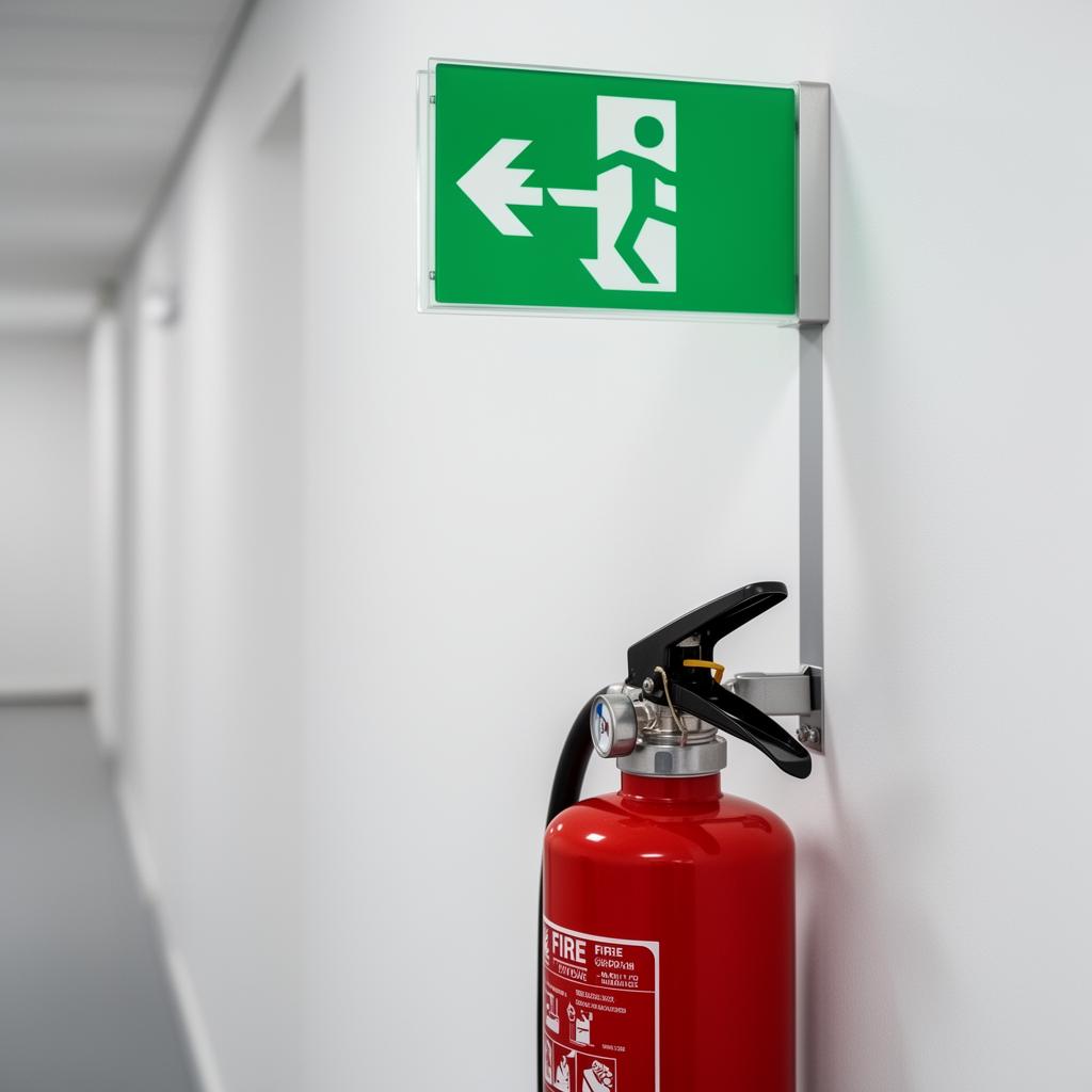 Sinalização de saída de emergência e extintor em corredor de edificação