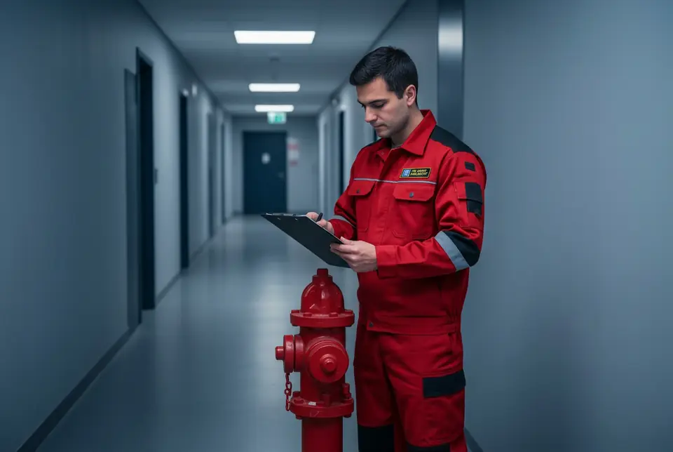 Engenheiro verificando hidrante durante inspeção técnica de segurança contra incêndio